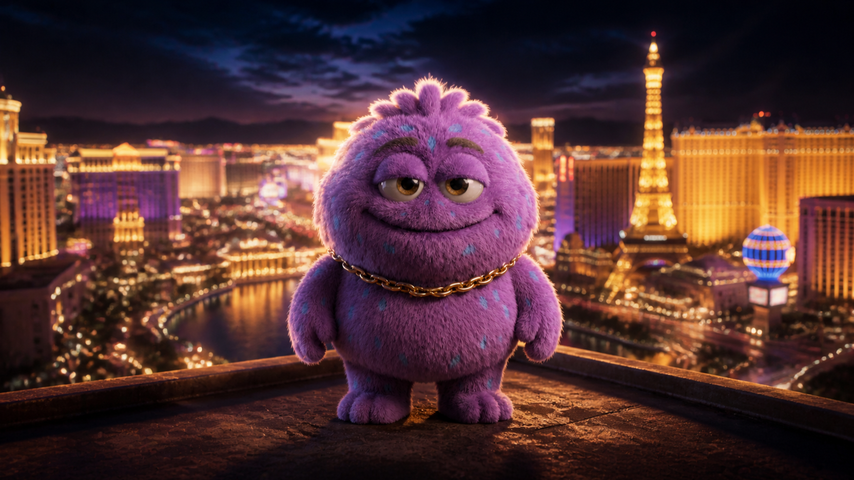 Pluffy on a rooftop overlooking the Las Vegas strip at night