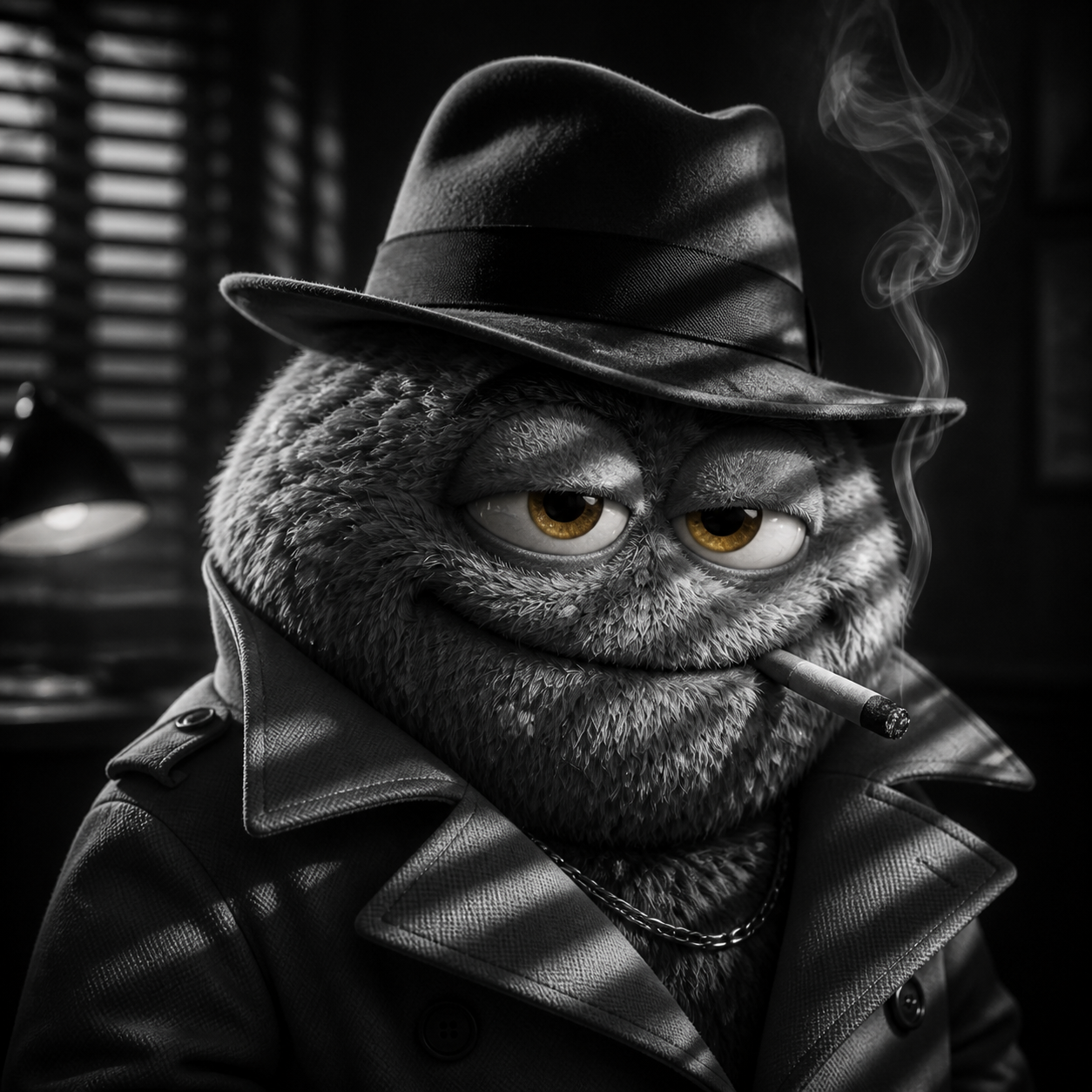 Pluffy as a film noir detective in black and white