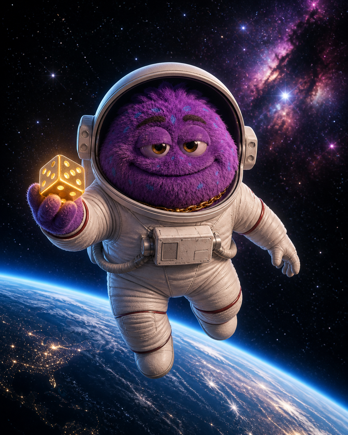 Pluffy in an astronaut suit floating above Earth with a golden dice