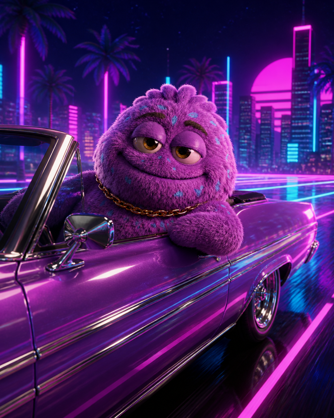 Pluffy cruising in a convertible through a synthwave city at night