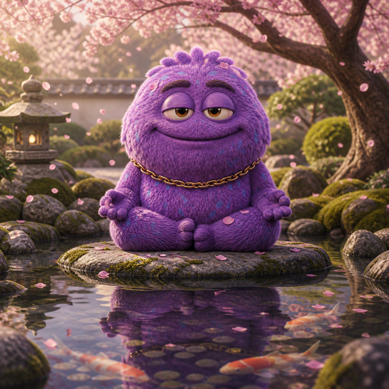 Pluffy meditating in a Japanese zen garden under cherry blossoms